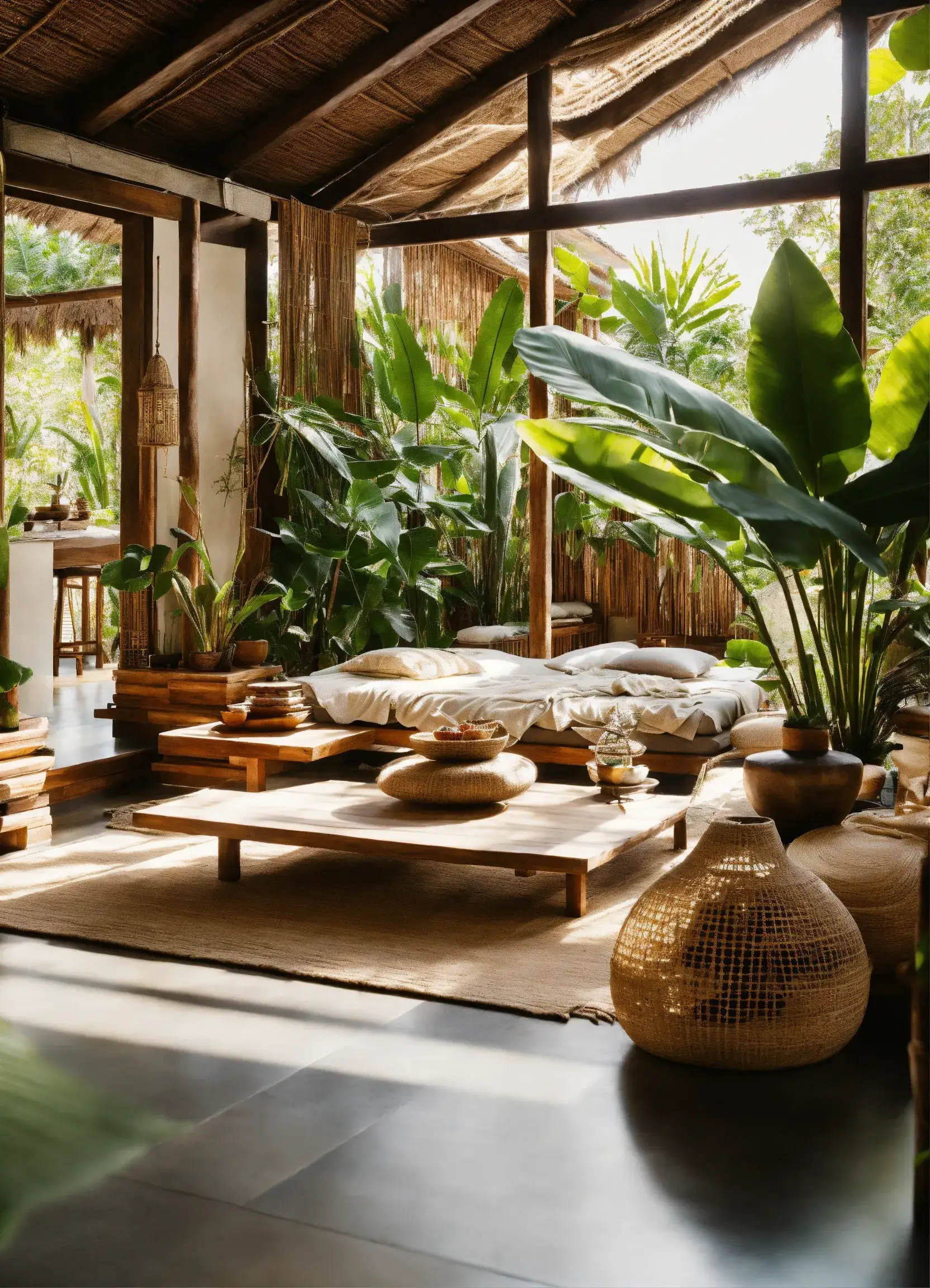 Eco-friendly living room with sustainable materials and natural light