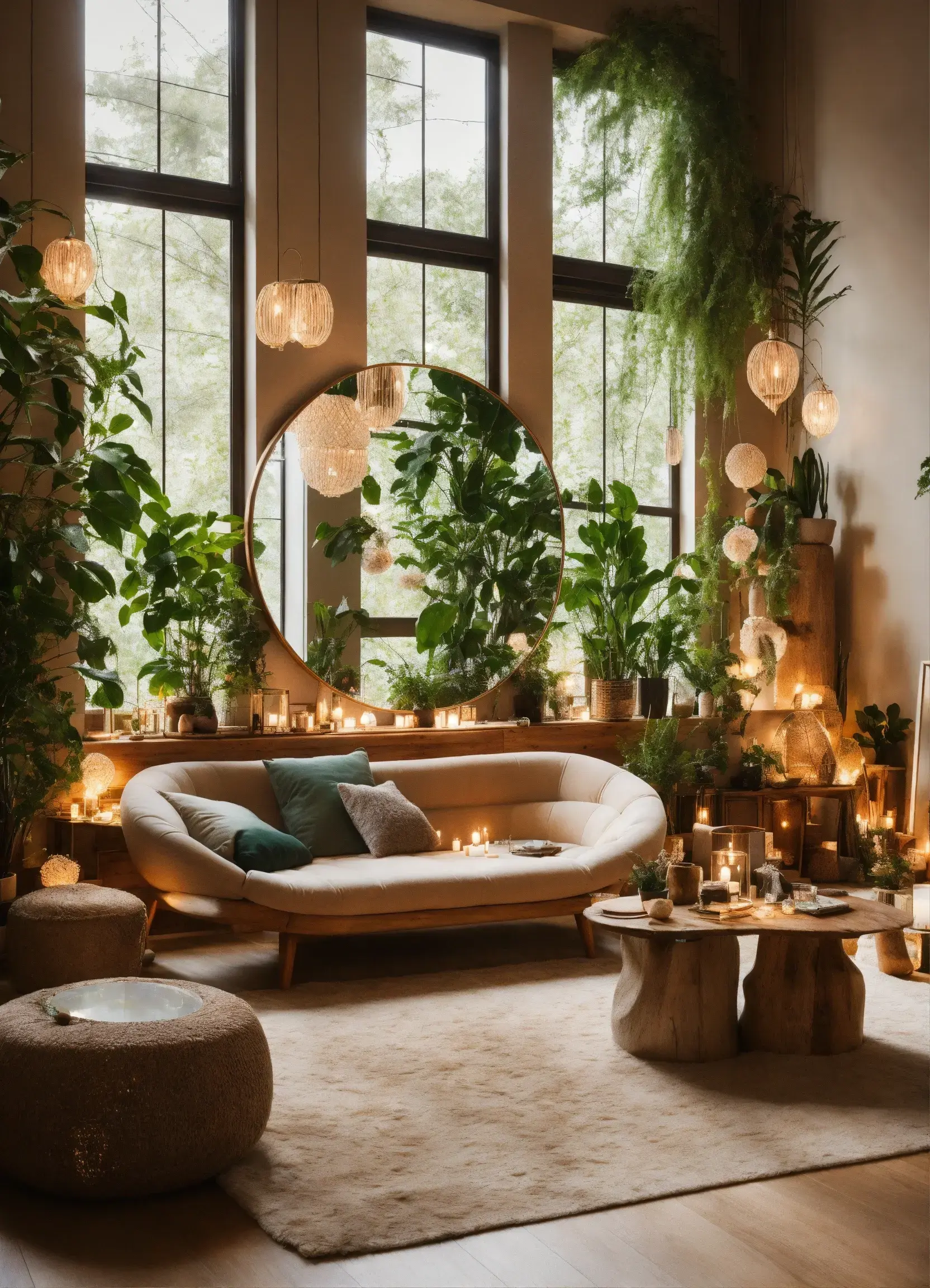 Cozy living area with natural fiber rug and indoor plants